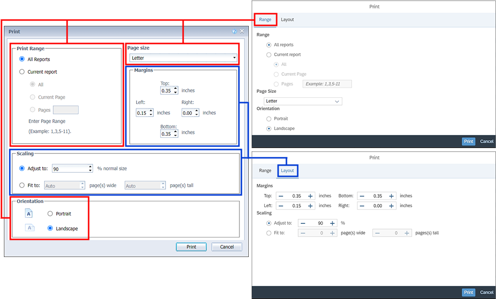 Graphic showing the changes to the Print dialog in the latest version